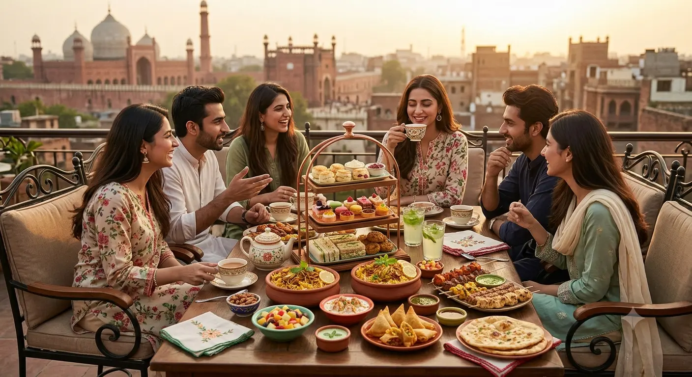 Friends drinking tea and enjoying hi-tea buffet spread in Lahore 2026