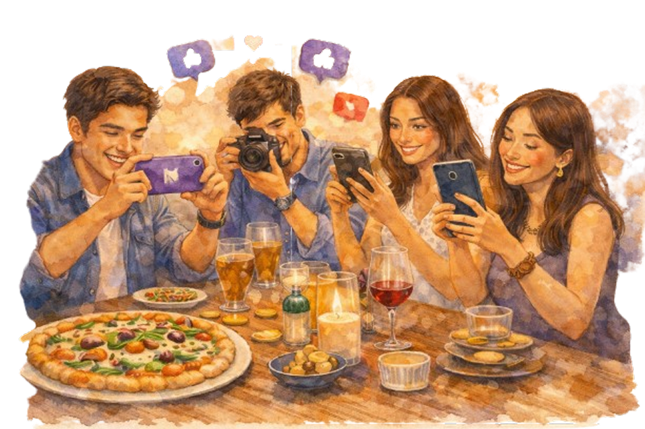 Friends enjoying dinner while capturing food photos for restaurant review in Pakistan